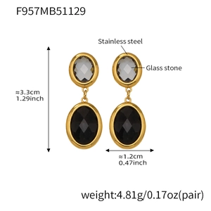 Detail showing 18k gold plated stainless steel earrings with faceted glass stones
