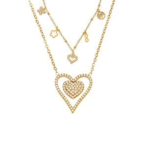 Double-layered 18k gold plated necklace with heart zircon pendants and multiple charms