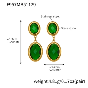 Detailed view of green glass stone earrings with size dimensions and weight specs