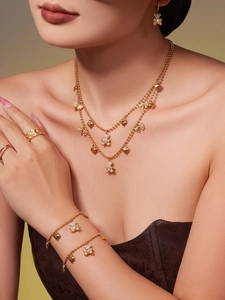 Detailed look at gold-plated jewelry set with zircon bear, heart, and bow pendants on model
