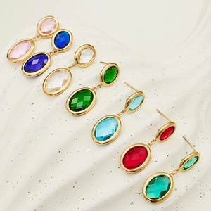 Geometric stainless steel earrings with multifaceted glass stones in seven vibrant colors