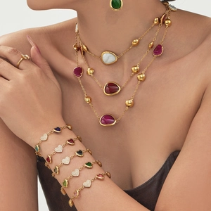 Layered 18k gold plated necklace and heart bracelet set with colorful resin and zircons