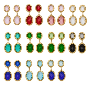 Multi-color geometric oval faceted glass stone drop earrings with 18k gold plating