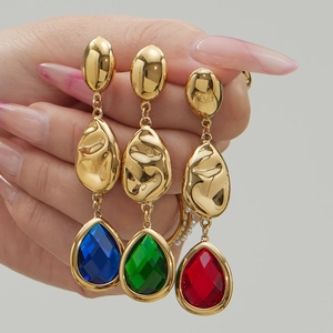 Three pairs of 18k gold plated drop earrings with red, green, and blue pear-cut stones