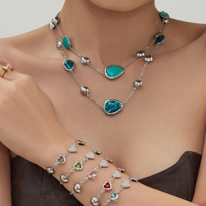 Dopamine resin water drop necklace and multicolor heart zirconia bracelet jewelry set