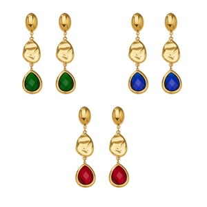 Gold-plated stainless steel teardrop earrings with faceted emerald, sapphire, and ruby glass