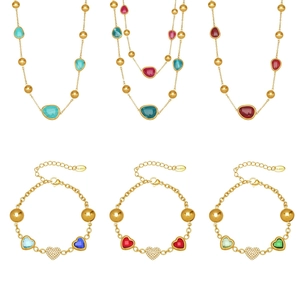 18K gold plated stainless steel heart jewelry set with resin borders and zircon accents
