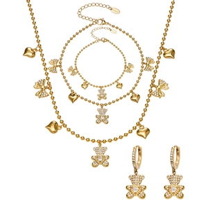Golden stainless steel jewelry set with bear heart pendants and zircon bow details