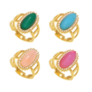 18K gold plated adjustable rings with colorful oval natural stones and zircon accents
