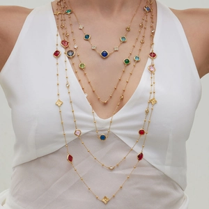 Multilayer gold stainless steel necklace set with colorful faceted stones and floral charms