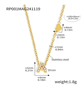 Detailed technical drawing of gold A-letter zircon necklace with size specifications