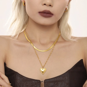 Gold stainless steel jewelry set with double layer heart necklace and textured hoop earrings