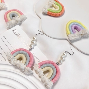 Handmade Woven Rainbow Tassel Pendant Bohemian Cotton Rope Artificial Pearl Decor DIY Earring Keychain Jewelry Making Accessory