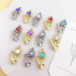 Vintage Alloy Tulip Flower Heart Charms For Jewelry Making DIY Handmade Necklace Pendants Iridescent Rhinestone Accessory