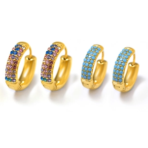 Golden stainless steel hoop earrings set with colorful zircons and blue beads