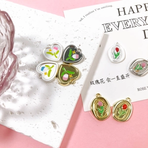 Sweet Tulip Heart Oval Enamel Alloy Pendants For DIY Jewelry Making Handmade Flower Charms For Necklace Bracelet Accessories