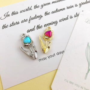 Tulip flower pendant charms with heart gems in silver and gold for DIY jewelry