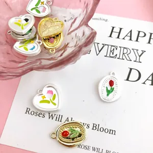 Floral tulip heart and oval enamel charms for DIY jewelry making in gold and silver