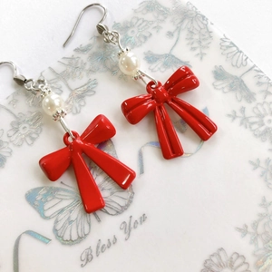 Pendientes de lazo rojo con perla blanca y ganchos plateados, joyería para mujer