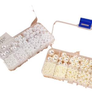 DIY jewelry kit with white and cream ABS pearls in multi-size grid storage boxes
