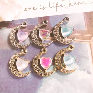 Aurora Moonstone Effect Moon Heart Alloy Pendants Rhinestone Inlaid Jewelry Making Accessories For Earrings Necklace Bracelet DIY