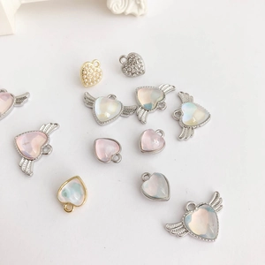 Alloy Resin Moonstone Look Heart Angel Wings Pendant For DIY Necklace Bracelet Making Accessories Rhinestone Inlaid Pendant