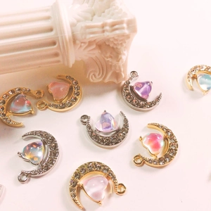 Iridescent moon and heart pendants with small rhinestones for DIY jewelry making