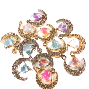 Iridescent moon heart alloy pendants set with clear rhinestones for DIY jewelry