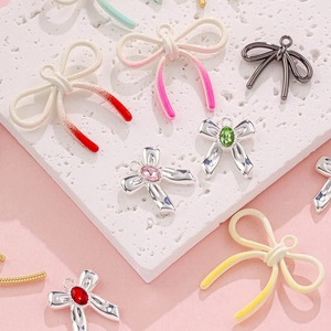Macaron alloy bow pendants with colorful zircons and gradient finishes for DIY jewelry