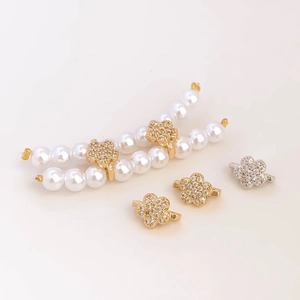 Accesorios de Joyería DIY Cuentas Espaciadoras de Cobre Bañadas en Oro Real Forma de Flor con Diamantes de Imitación y Doble Fila de Perlas Artificiales