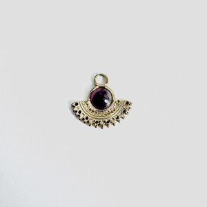 Detailed fan-shaped stainless steel pendant with purple gemstone and retro gold patterns