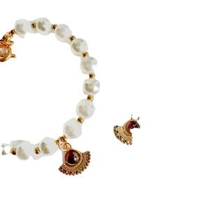 French retro fan-shaped pearl bracelet and earring set with natural red gemstone