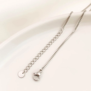 Detail van zilveren boxketting met karabijnsluiting en verstelbare verlenging