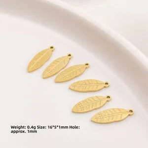 Set of 6 gold stainless steel leaf charms for DIY jewelry, 16x5mm feather pendants