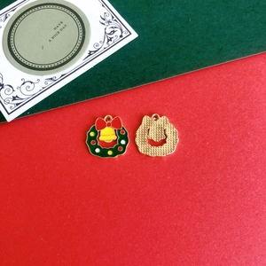 Macro detail of Christmas wreath alloy pendants with red bow and metallic bell features