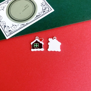 Macro shot of snow-roofed house pendants for Christmas DIY crafts and jewelry making