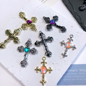 Various alloy cross pendants with rose engravings and colorful gemstone inlays for DIY