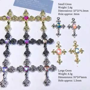 Exquisite cross flower alloy charms with heart opal stones in various metal finishes