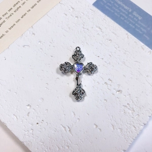 Exquisite silver alloy cross pendant with rose vine detail and a purple heart stone