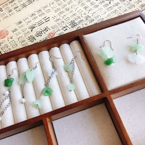 Chinese style lotus flower and leaf earrings in green resin jade in a jewelry box