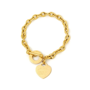 Bracciale a catena spessa in acciaio inossidabile dorato con ciondolo a cuore
