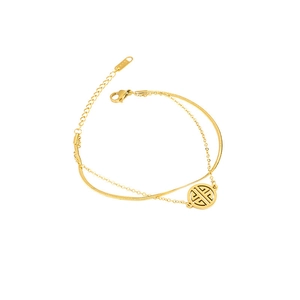 Bracciale a doppio strato in acciaio inossidabile placcato oro 18K con ciondolo rotondo