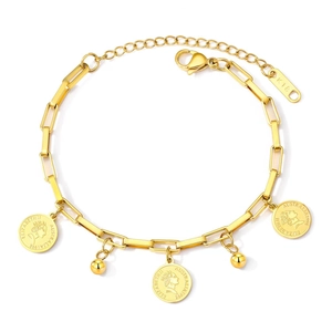 Hip hop titanium steel bracelet with gold coin pendants and paperclip chain style