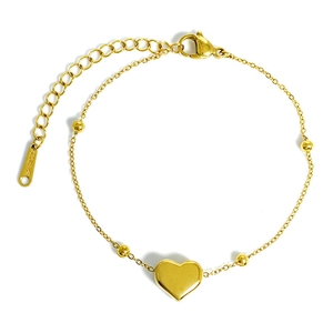 Minimalist 18K gold-plated stainless steel heart anklet with polished beads and chain