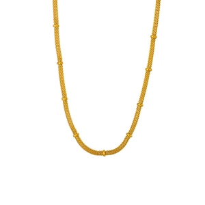 Collier minimaliste en maille dorée style bambou avec perles rondes sur fond blanc uni