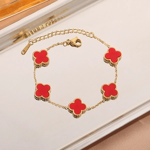 18K gold plated stainless steel bracelet with five red clover charms and beaded edges
