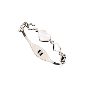 Silver hollow heart bracelet with white shell inlay and zircon accents on white background