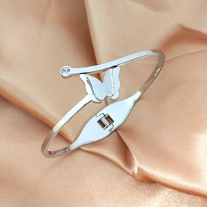 Elegant silver butterfly open bangle with frosted wings and sparkling zircon detail