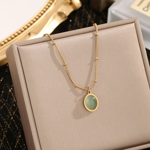 French vintage 18k gold plated snake chain necklace with cat eye opal oval pendant