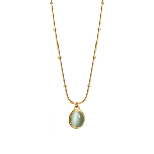 18k gold plated snake chain necklace with green cat-eye stone oval pendant for women